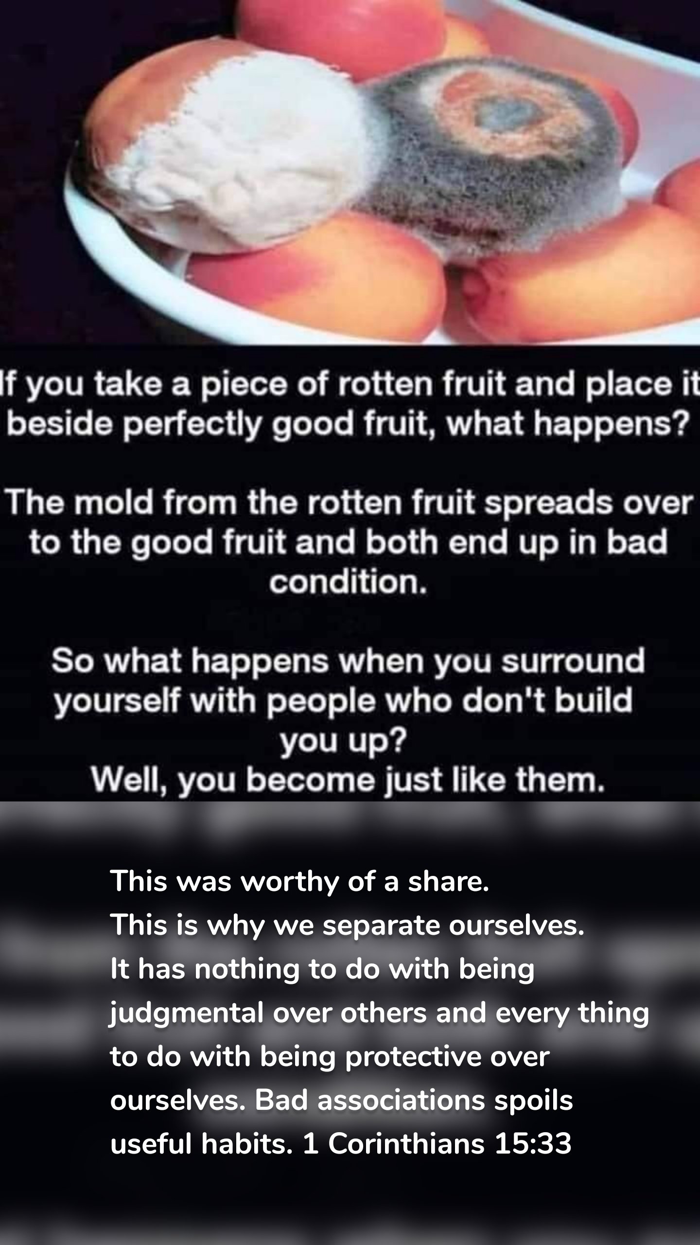 

This was worthy of a share.
This is why we separate ourselves. 
It has nothing to do with being judgmental over others and every thing to do with being protective over ourselves. Bad associations spoils useful habits. 1 Corinthians 15:33