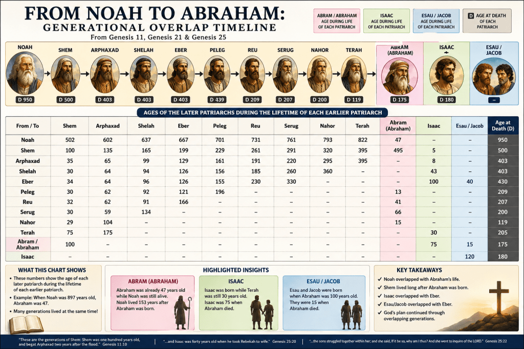 taken from Genesis chapter 11 and parts of Genesis chapter 25, this chart is used to show the overlapping of ages from Noah to Abraham and his descendants.
One of the most surprising discoveries in this study is how closely connected the generations after the Flood actually were. Noah, Shem, Abraham, Isaac, and even Jacob lived much closer together in history than many people realize. When we trace the overlaps, we begin to see how God's promises were passed from generation to generation through living witnesses. What appears distant on the pages of Scripture often stood side by side in real life, revealing the continuity of God's covenant plan across the generations.